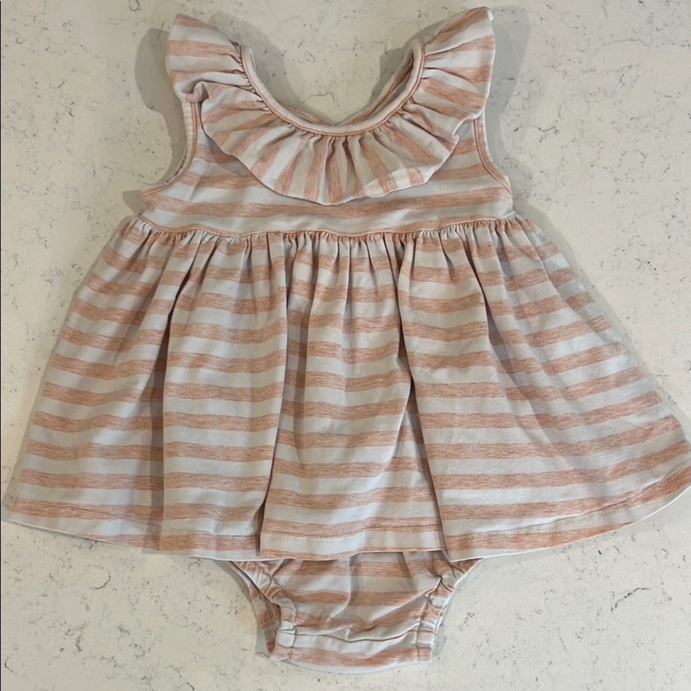 Vignette Ruffle Stripe Sun Dress with Bloomers in White/Peachy Pink.  Size 0-3M